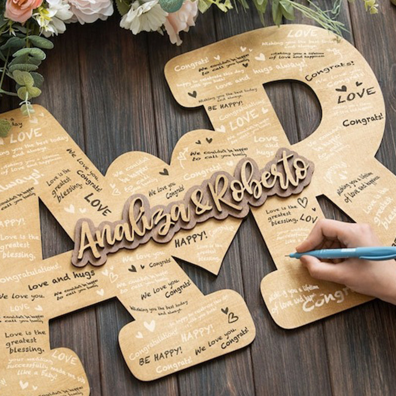 Custom Guest Book Wedding Couple Names Sign, Engraved Wood Letters