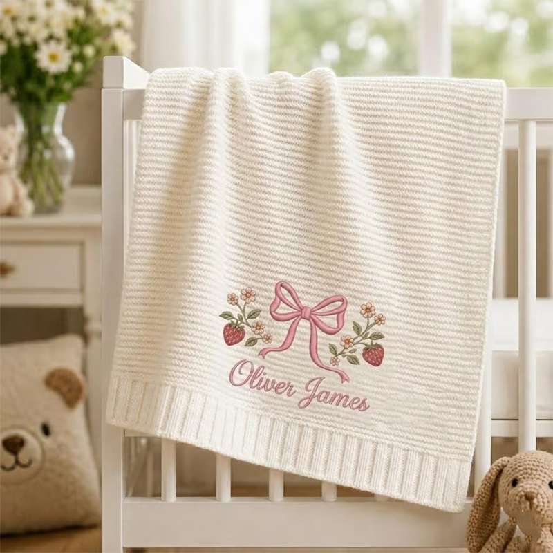 Embroidered Custom Name Strawberry Blanket, Personalized Baby Blanket
