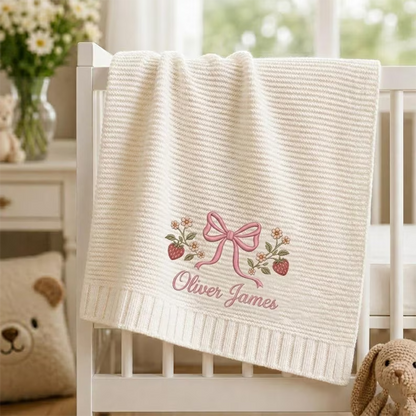 Embroidered Custom Name Strawberry Blanket, Personalized Baby Blanket