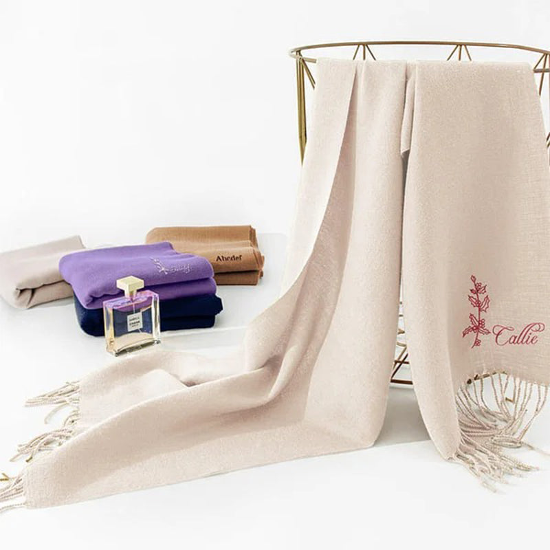 Personalized Super Soft Warm Scarf with Embroidered Birth Flower and Text Fashion Accessory