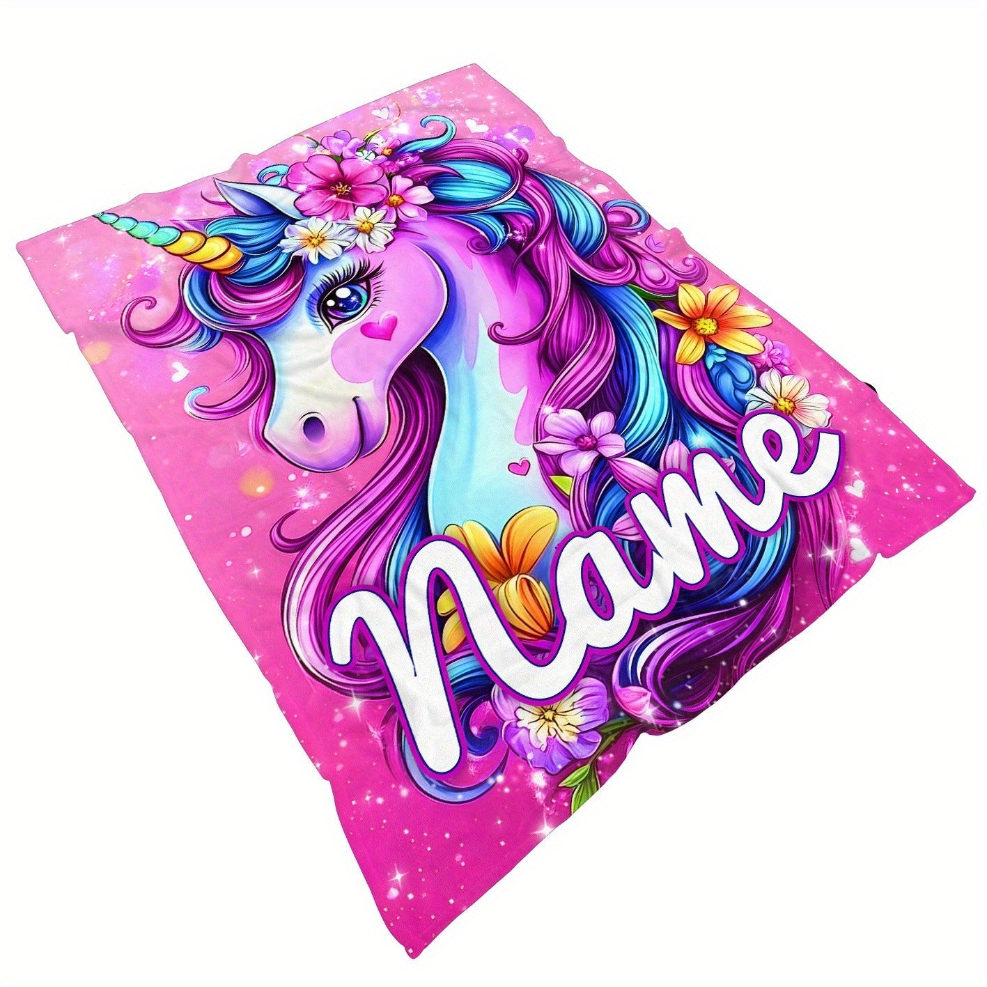 Personalized Name Lovely Dazzling Flower Unicorn Print Portable Blanket