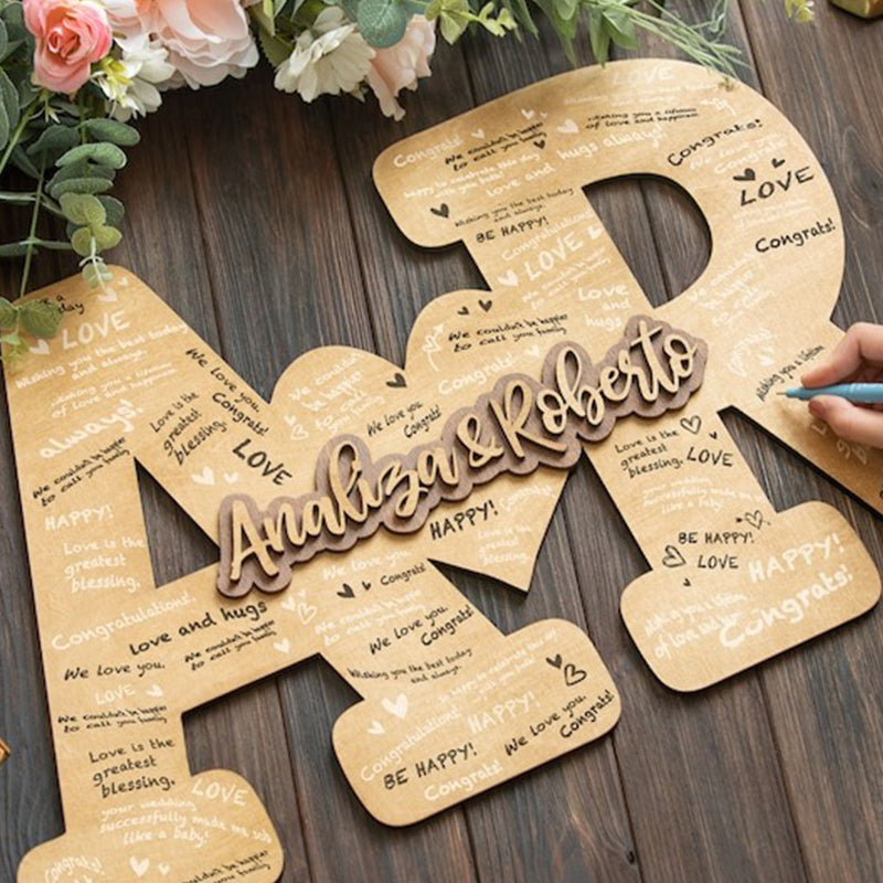 Custom Guest Book Wedding Couple Names Sign, Engraved Wood Letters