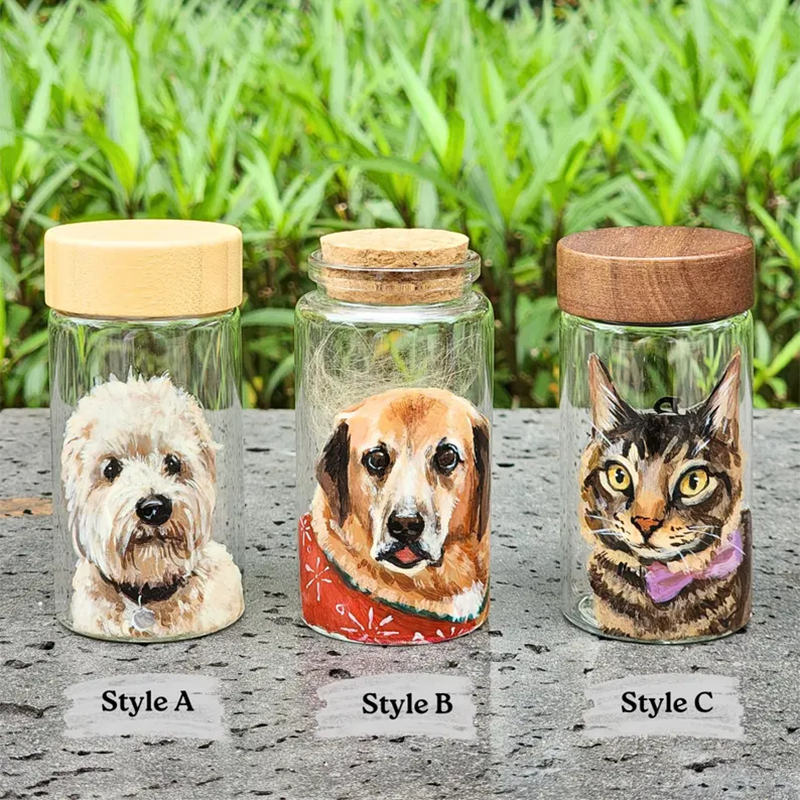 Hand Painted Pet Portrait Fur Keepsake, Custom Pet Hair Memorial Jar
