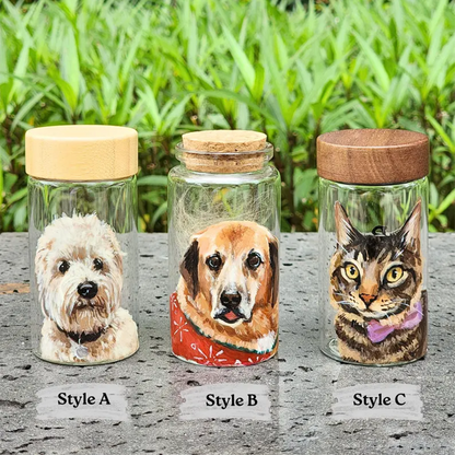 Hand Painted Pet Portrait Fur Keepsake, Custom Pet Hair Memorial Jar