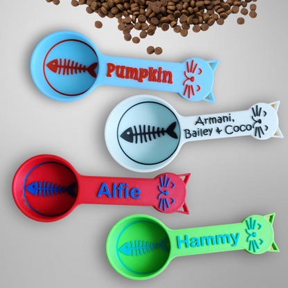 Personalized dog food scoops and cat food scoops