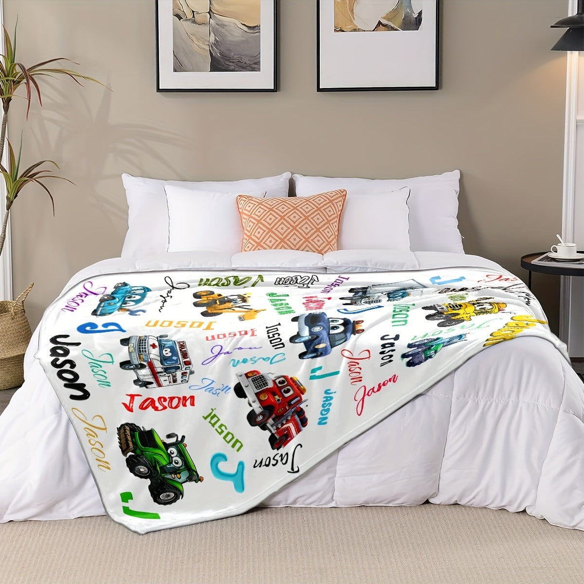 Custom Name Personalized Blanket, Cartoon Car & Engineering Vehicle Design