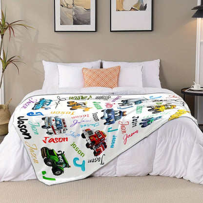 Custom Name Personalized Blanket, Cartoon Car & Engineering Vehicle Design