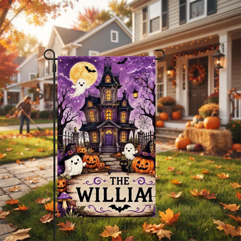 Personalized Halloween Garden Flag, Custom Haunted House Yard Sign