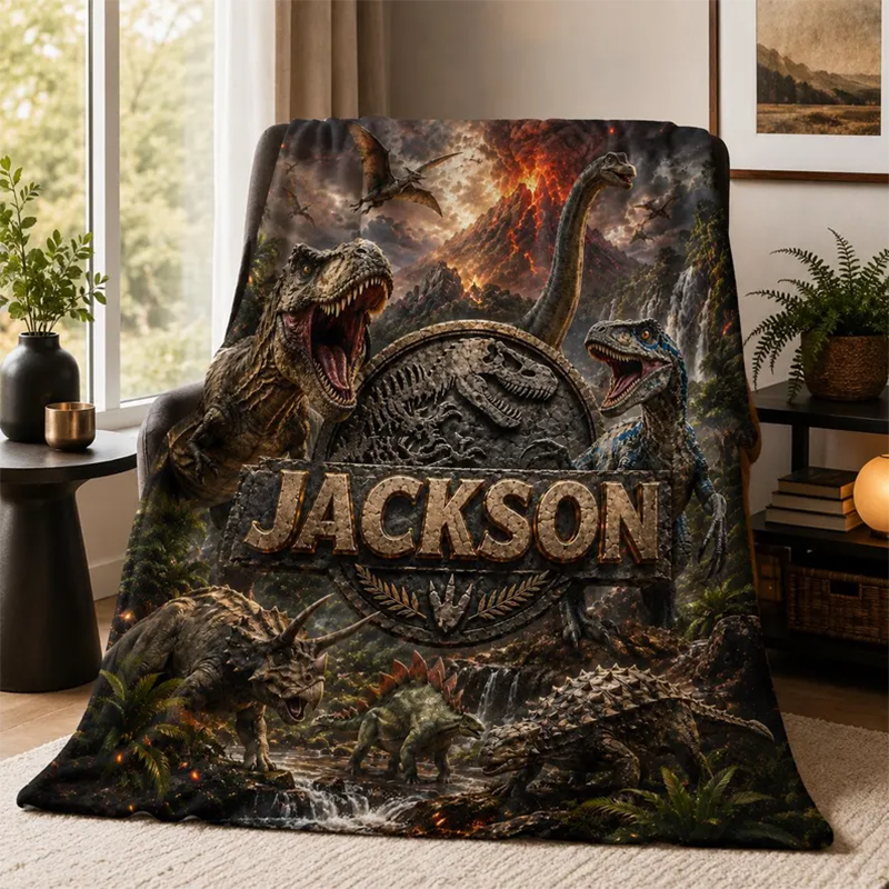 Personalized Dinosaur Blanket Custom Jurassic Flannel Throw T-Rex Kids Name Blanket