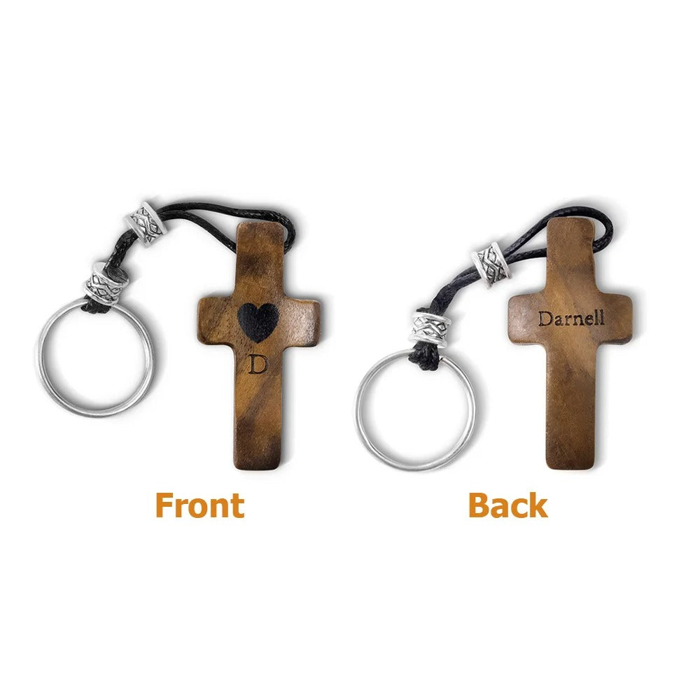 Personalized Wooden Cross Heart Keychain