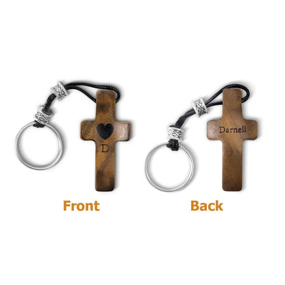 Personalized Wooden Cross Heart Keychain