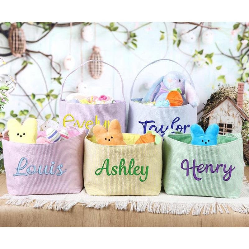 Personalized Easter Basket, Custom Easter Bucket, Seersucker Easter Tote