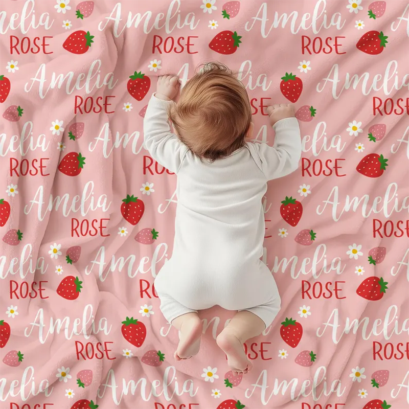Personalized Strawberry Blanket, Custom Baby Name Blanket