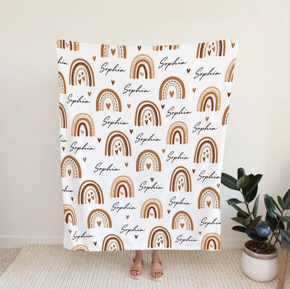 Baby Name Blanket, Custom Boho Style Baby Blanket with Rainbow, Personalized Rainbow and Heart Blanket, Expecting Mom Gift, Baby Shower Gift