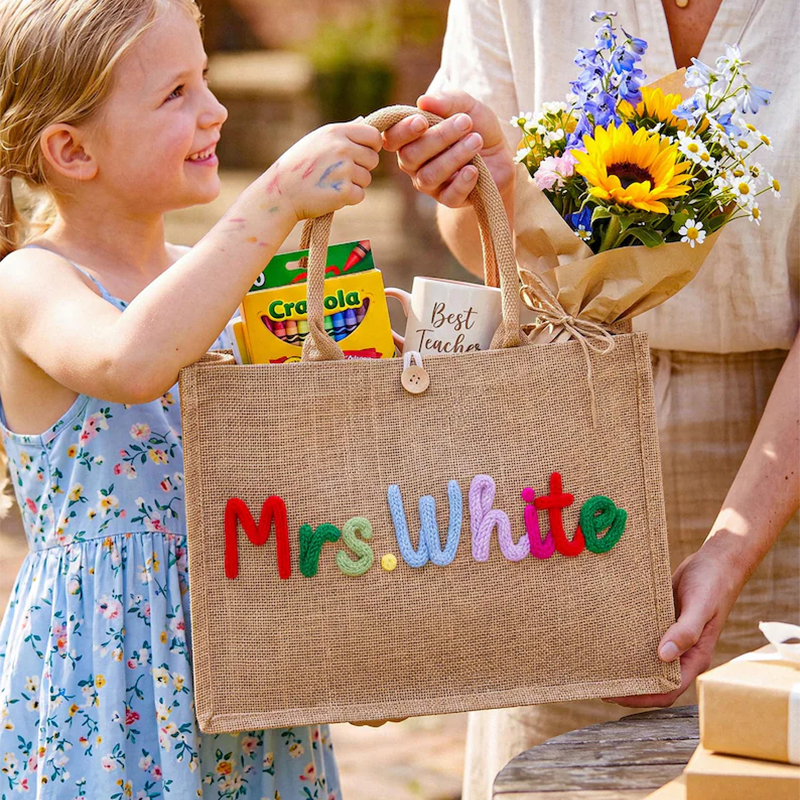 Personalized Burlap Teacher Tote Bag,Custom Crochet Name Tote Bag