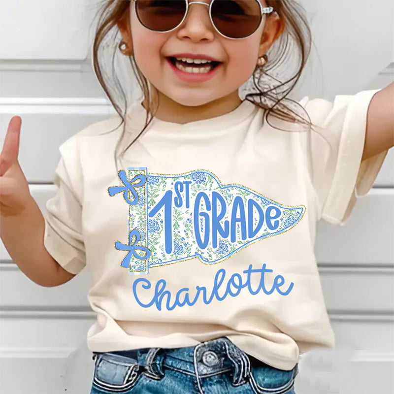 Personalized 1st Grade Shirt for Girls, Floral Pennant Back to School Shirt