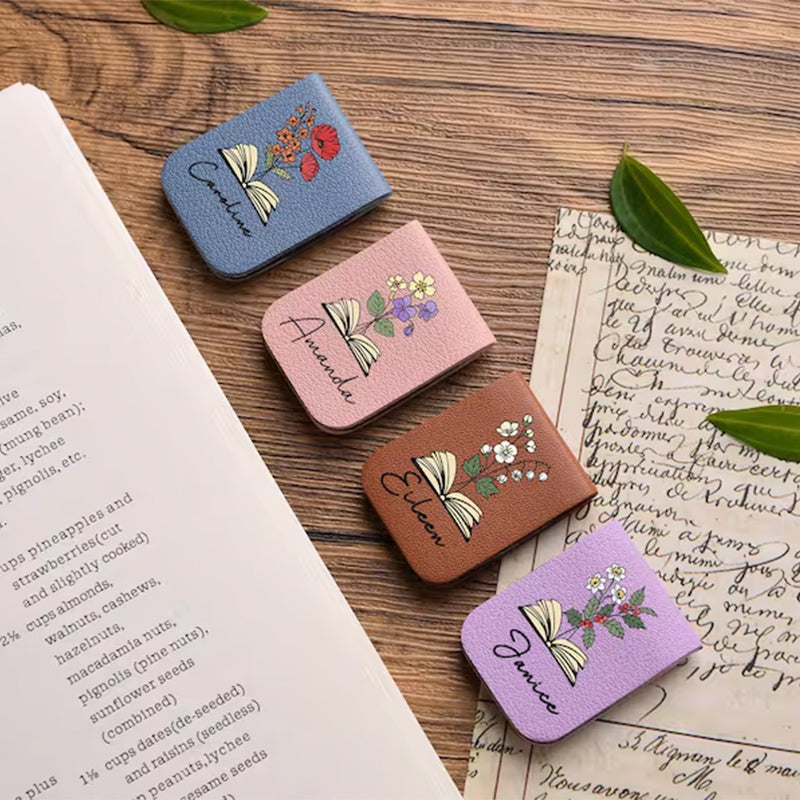 Leather Bookmark with Birth Flower,Personalized Leather Magnetic Bookmark