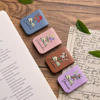 Leather Bookmark with Birth Flower,Personalized Leather Magnetic Bookmark