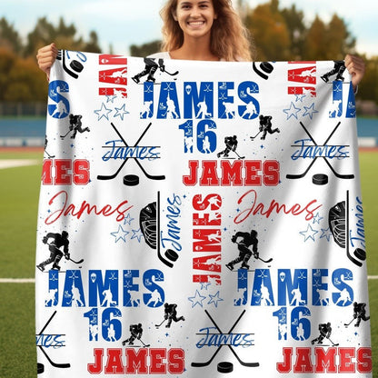 Ice Hockey Boy Personalized Blanket, Custom Name Hockey Throw