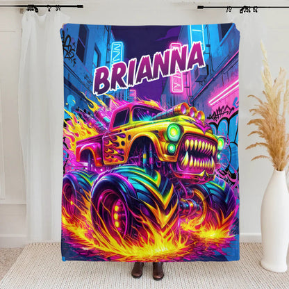 Personalized Monster Neon Truck Throw Blanket