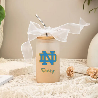 Custom University Logo 16oz Glass, College Iced Coffee Glass Graduation Gift