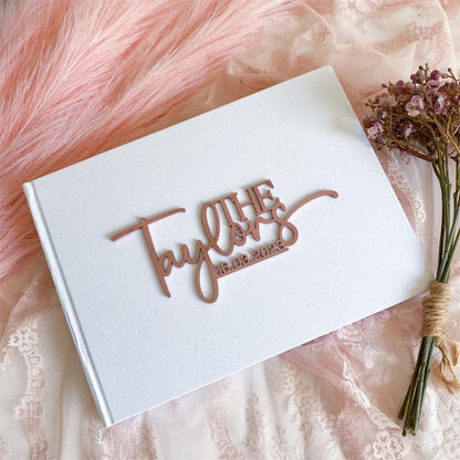 Personalised Linen Cover Wedding Guest Book With Wooden Text