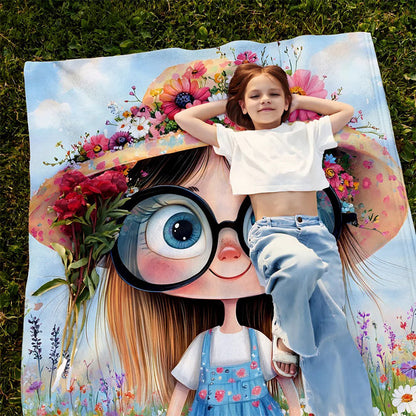 Personalized Cartoon Quirky Flower Girl Throw Blanket with Name