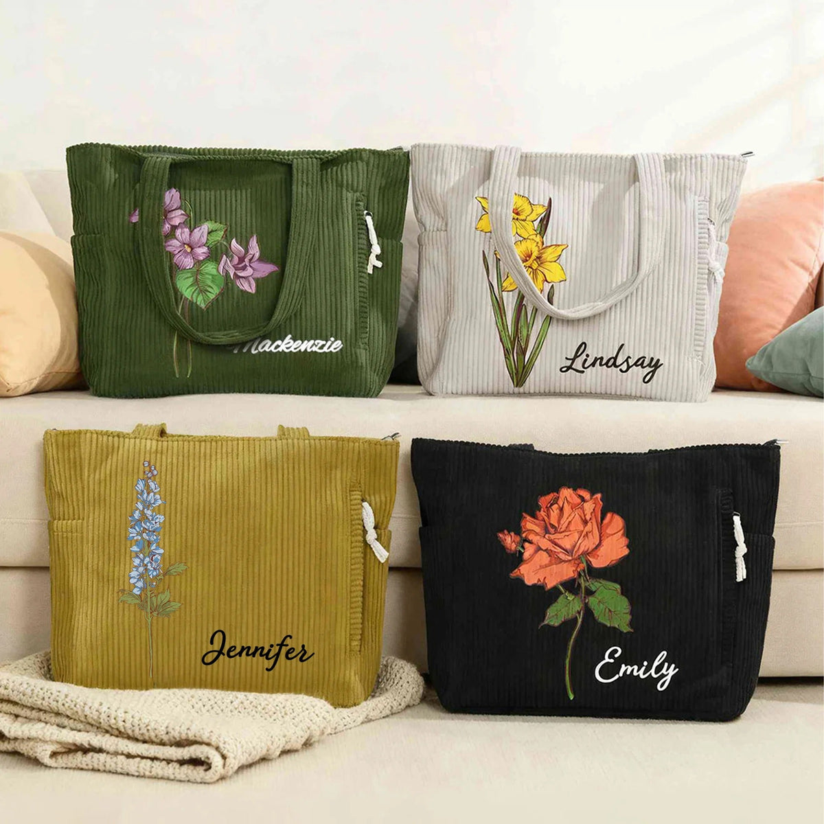 Personalized Birth Flower Corduroy Large Capacity Tote Bag