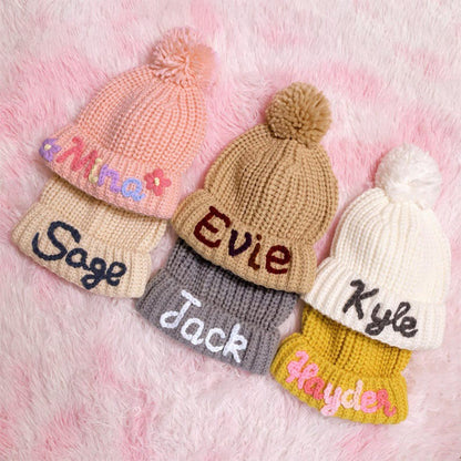 Custom Name Kid's Winter Hat, Handmade Embroidered Baby Hat, Personalized Baby Beanie, Knit Toddler Beanie