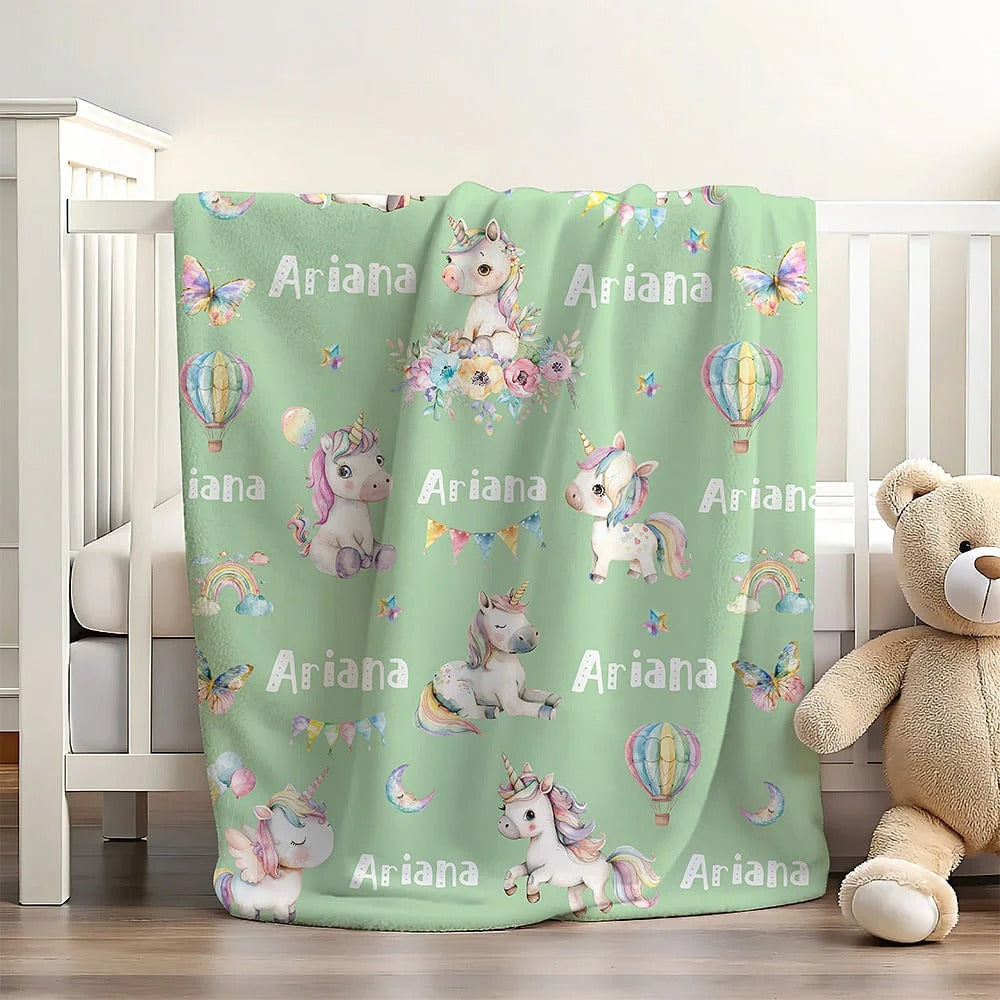 Personalized Multicolor Fantasy Unicorn Butterfly Rainbow Blanket