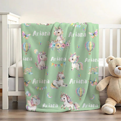 Personalized Multicolor Fantasy Unicorn Butterfly Rainbow Blanket