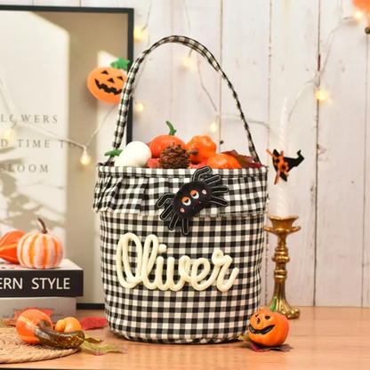 Halloween Basket Ruffle Personalized,Plaid Trick or Treat Bag with Custom Name