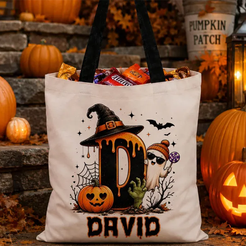 Cute Halloween Ghost bag, Spooky Goodie Bag, Custom Name Halloween Tote Bag
