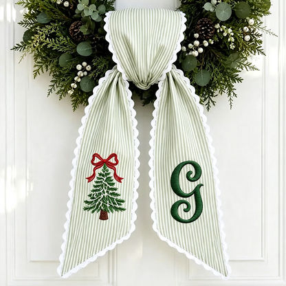 Personalized Christmas Bow Tree Wreath Sash, Monogram Letter