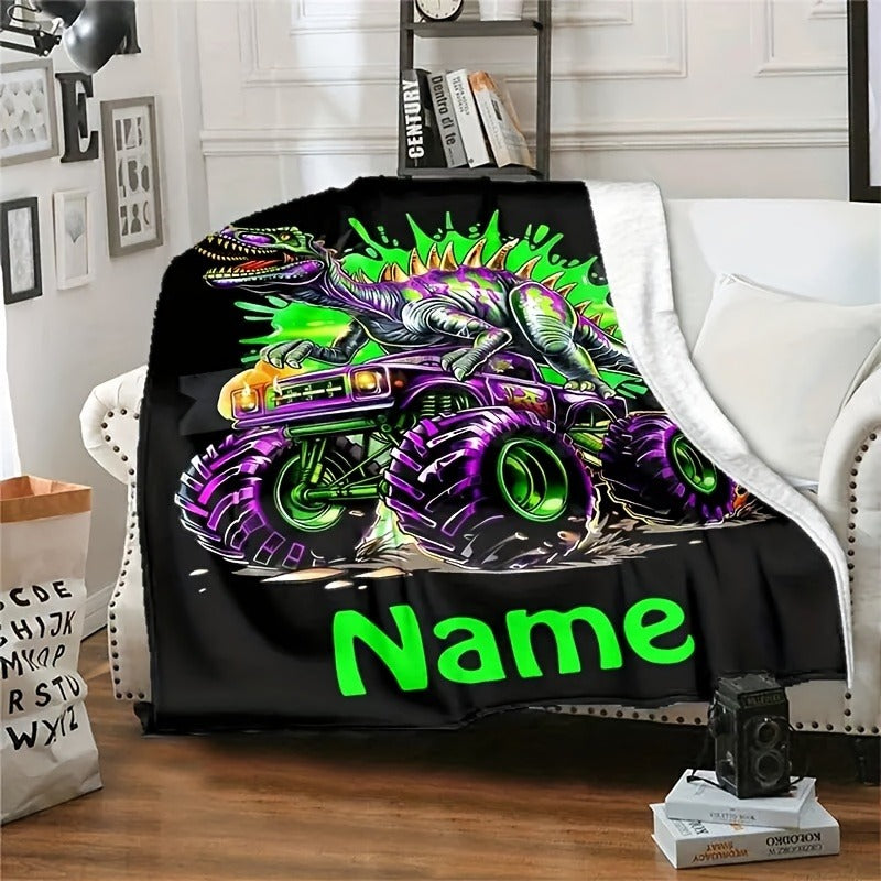 Creative Dinosaur Off-Road Truck Pattern Text Custom Flannel Print Blanket