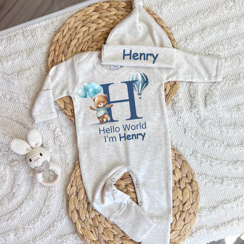 Personalized baby coming home outfit, romper hat set,