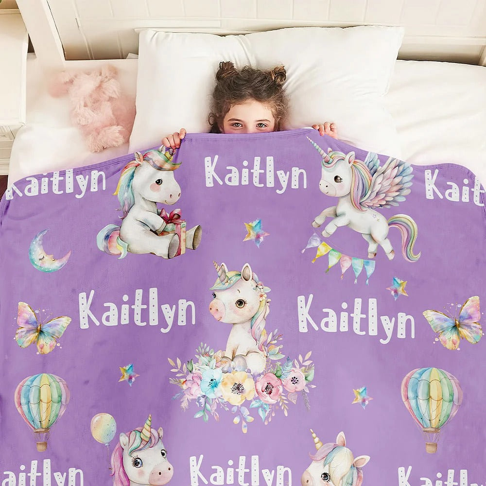 Personalized Multicolor Fantasy Unicorn Butterfly Rainbow Blanket