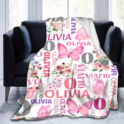 Customizable  Pink Floral & Butterfly Plush Throw Blanket