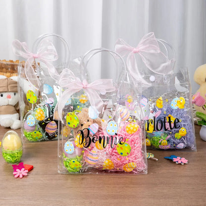 Personalized Pink Bow Ribbon Colorful Easter Eggs Chicks Clear Gift Bag