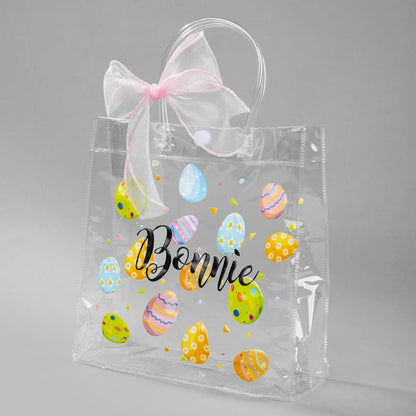 Personalized Pink Bow Ribbon Colorful Easter Eggs Chicks Clear Gift Bag