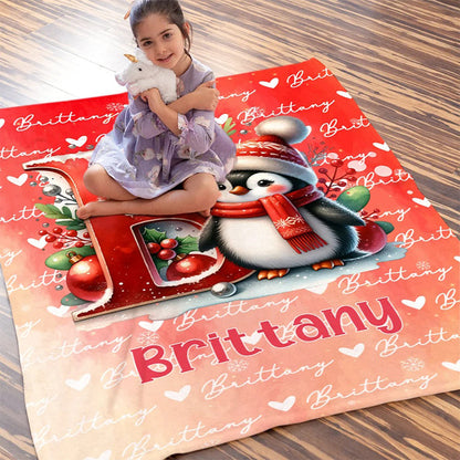 Personalized Santa Hat Snowman Penguin Initial Word Cloud Blanket