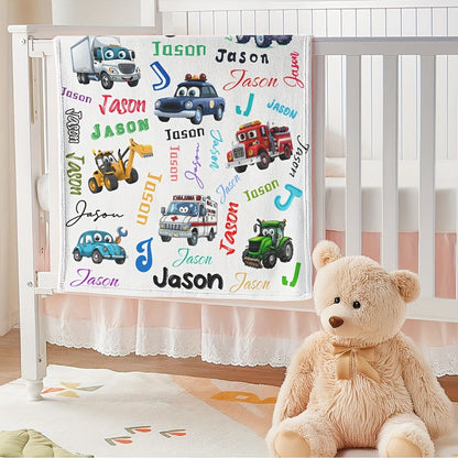 Custom Name Personalized Blanket, Cartoon Car & Engineering Vehicle Design
