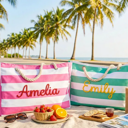 Personalized Striped Beach Tote, Custom Oversized Beach Bag