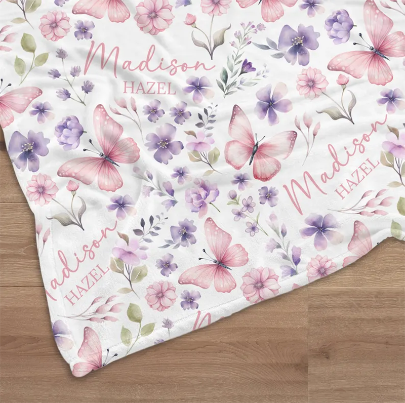 Custom Pink Butterfly Baby Name Blanket