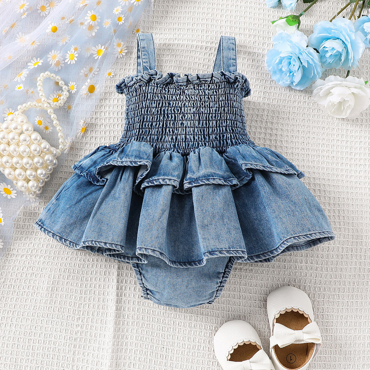 Hand Embroidered Denim Romper, Personalized Birthday Outfit with Name