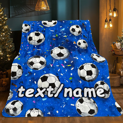 Custom Name Football Blanket - Lightweight Flannel Throw with Soccer Ball & Confetti Print
