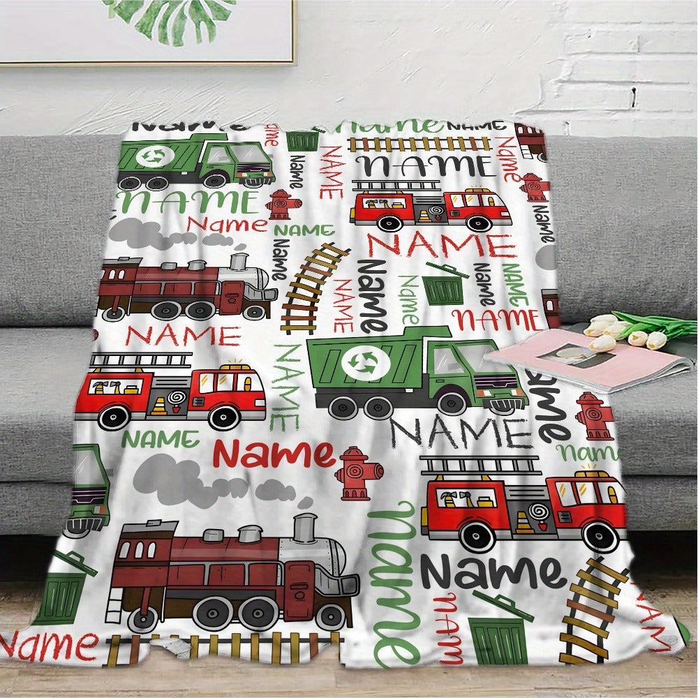 Personalized Name Vehicle Blanket: Customizable with Trains, Fire Trucks