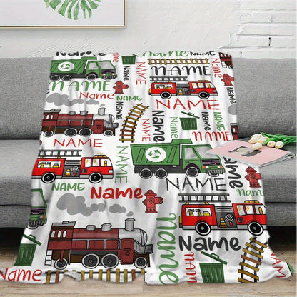 Personalized Name Vehicle Blanket: Customizable with Trains, Fire Trucks