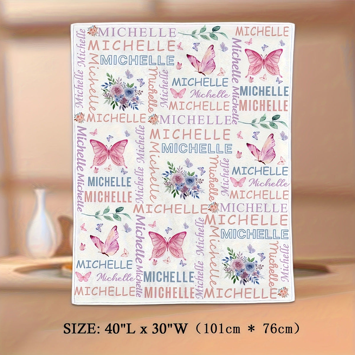 Customized Flannel Blankets with Names, Flower Butterfly Patterned Blankets