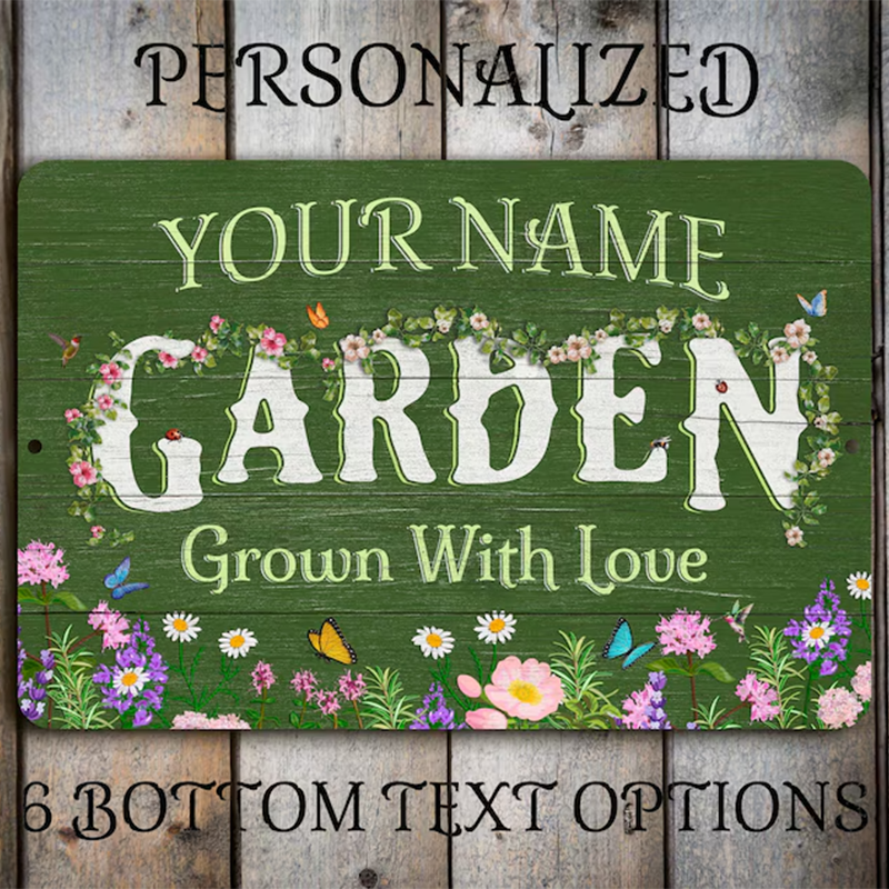 Personalized Flower Garden Sign: Weathered Wood Design, Metal Garden Decor